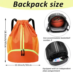 Waterproof Drawstring Backpack Gym & Swim Bag for Travel Camping - Sports Sack with Shoe Compartment, Wet-Proof Mesh Pockets for Men Women, Soccer Basketball Yoga Hiking Fitness (Orange)