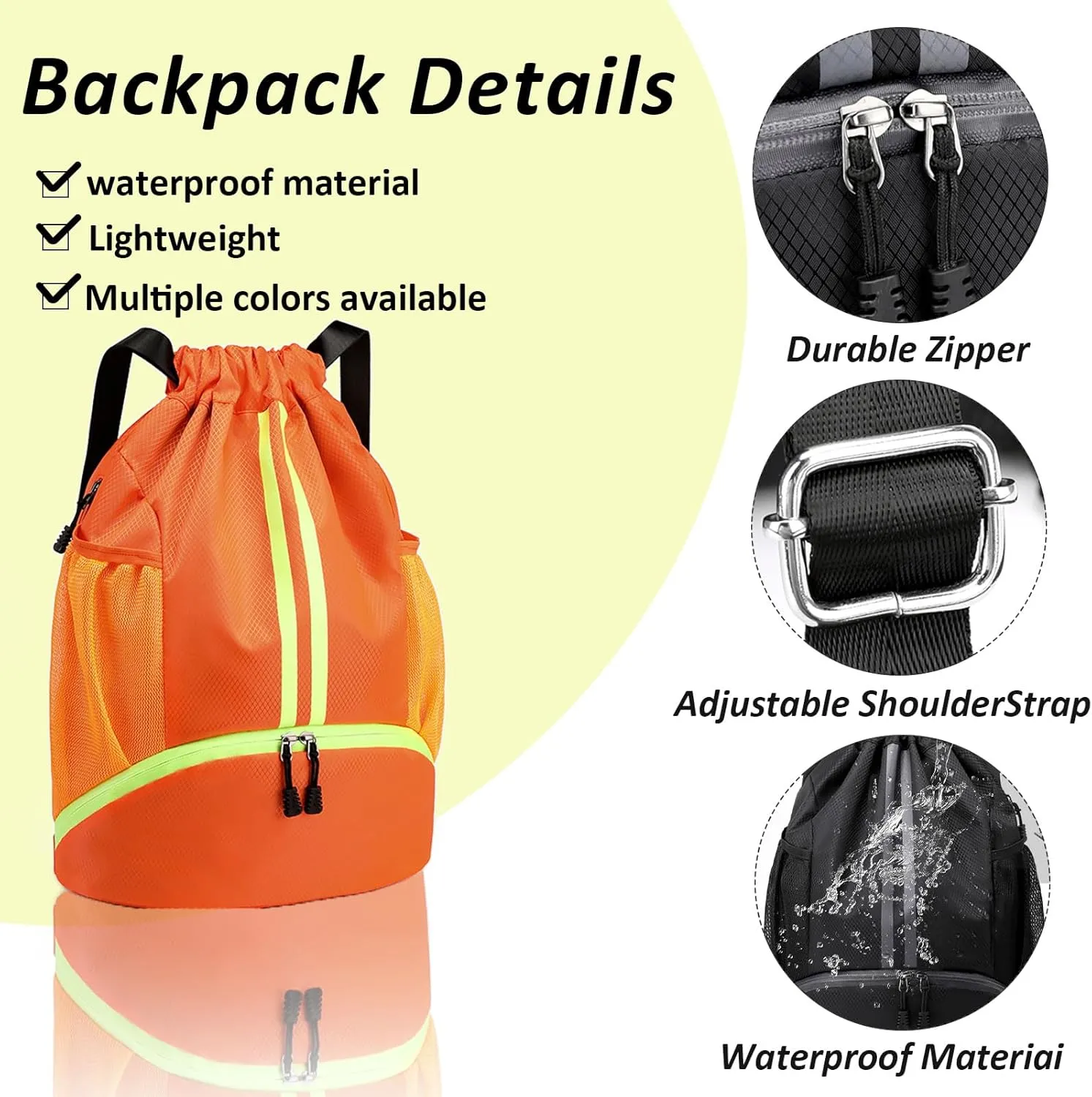 Waterproof Drawstring Backpack Gym & Swim Bag for Travel Camping - Sports Sack with Shoe Compartment, Wet-Proof Mesh Pockets for Men Women, Soccer Basketball Yoga Hiking Fitness (Orange)