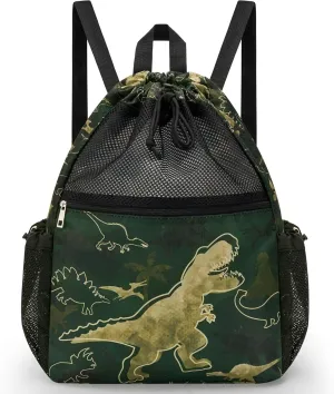 WAWSAM Dinosaur Kids Drawstring Backpack - Mesh Drawstring Bag for Boys Swim Bag with Waterproof Zipper Pocket Kids Beach Backpack for Swimming Pool Sport Yoga Travel Mesh Gym Bag