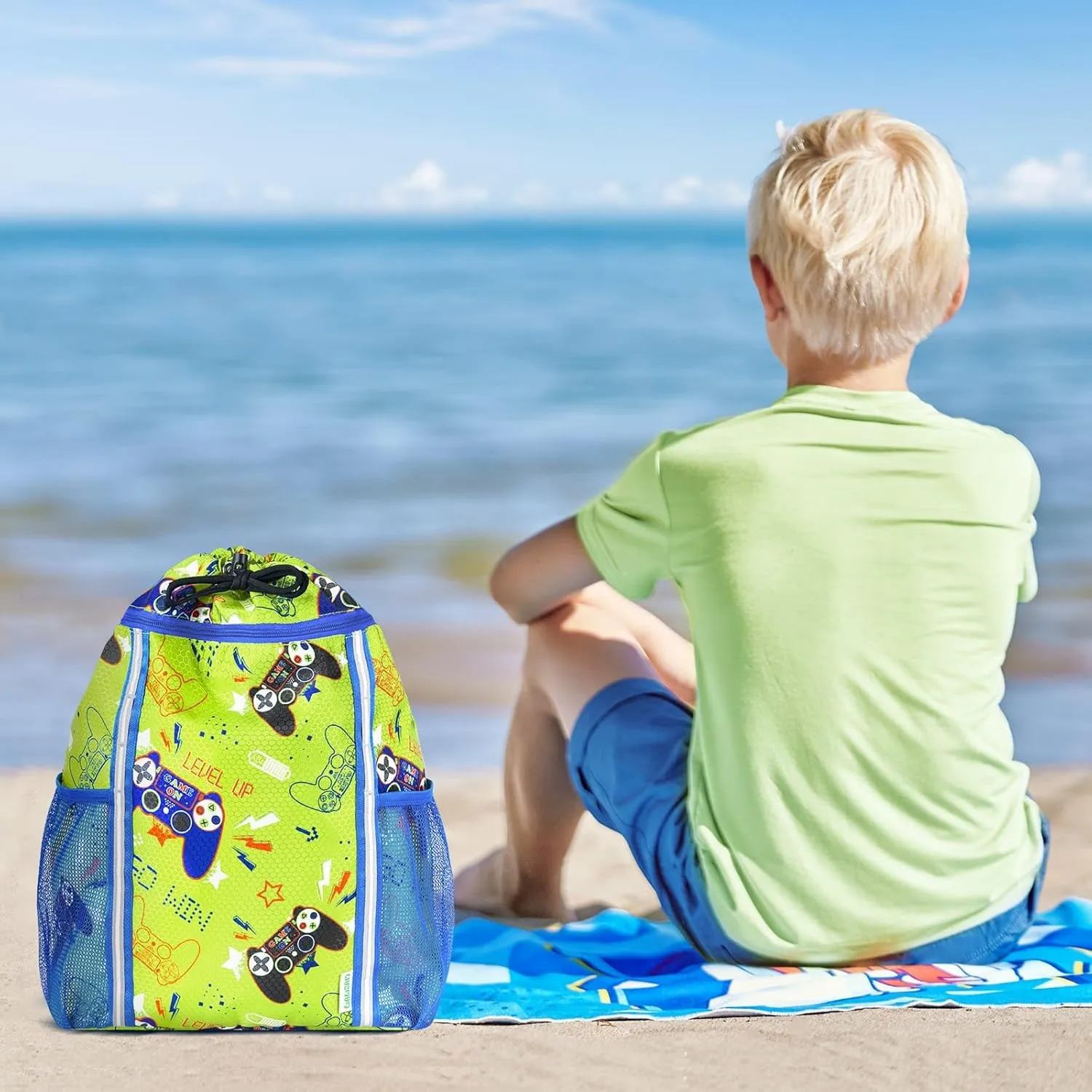 WAWSAM Kids Gym Drawstring Backpack String Bag, Game Sports Gym Bag for Kids Boys Waterproof Swimming Beach String Cinch Backpack with Two Water Bottle Pocket