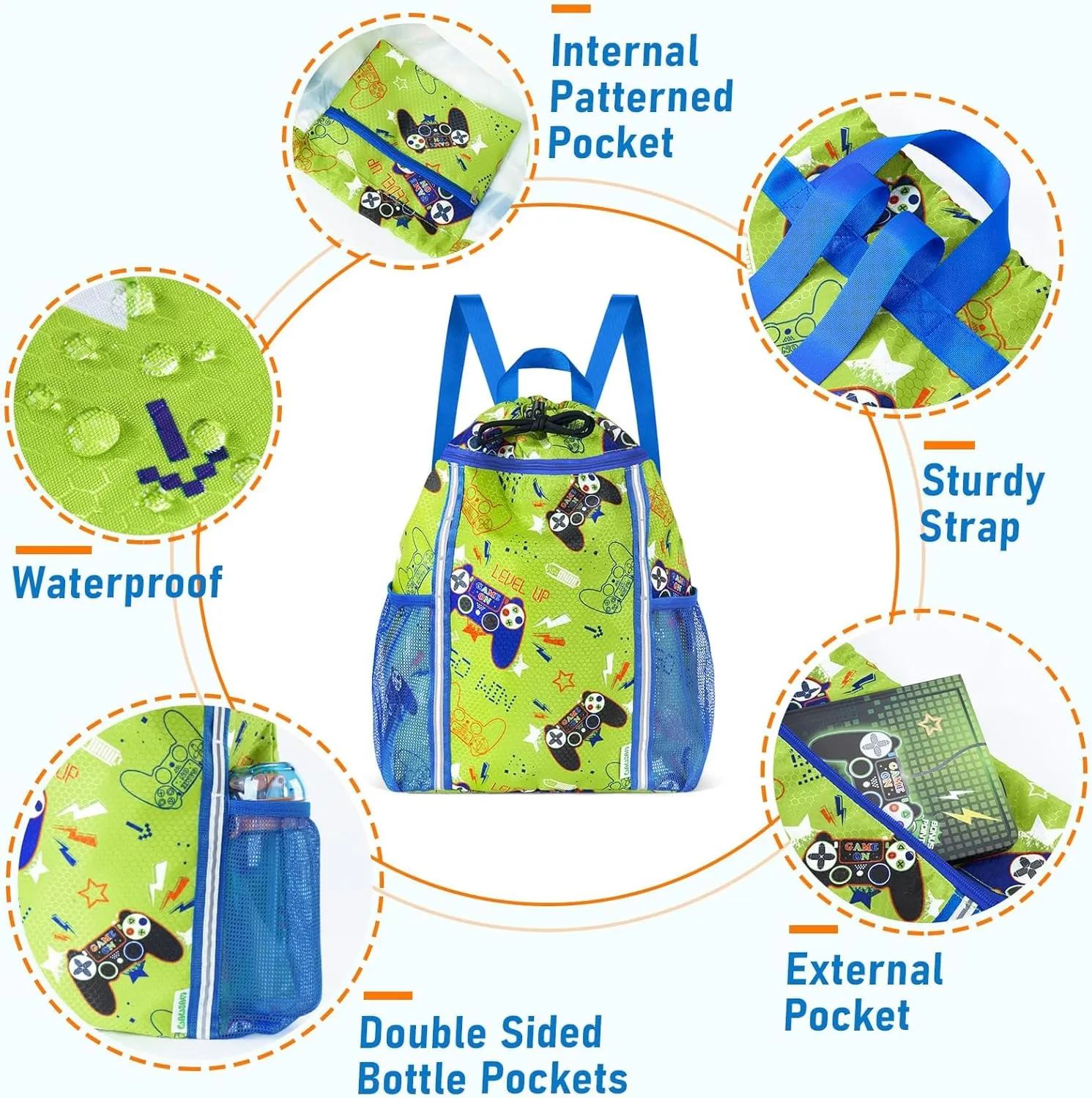 WAWSAM Kids Gym Drawstring Backpack String Bag, Game Sports Gym Bag for Kids Boys Waterproof Swimming Beach String Cinch Backpack with Two Water Bottle Pocket
