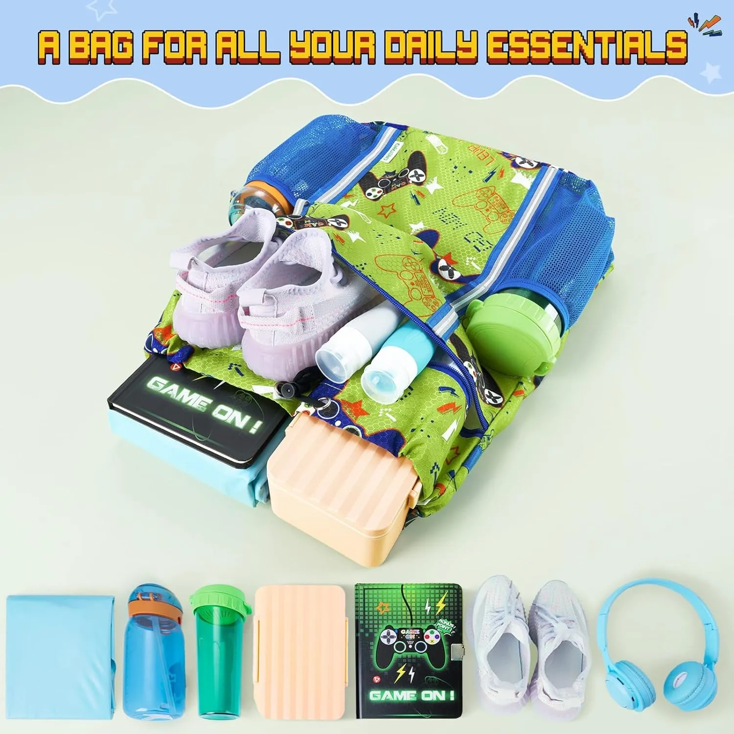 WAWSAM Kids Gym Drawstring Backpack String Bag, Game Sports Gym Bag for Kids Boys Waterproof Swimming Beach String Cinch Backpack with Two Water Bottle Pocket
