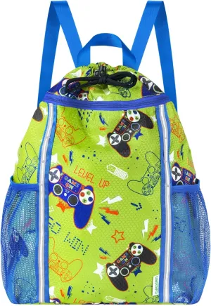 WAWSAM Kids Gym Drawstring Backpack String Bag, Game Sports Gym Bag for Kids Boys Waterproof Swimming Beach String Cinch Backpack with Two Water Bottle Pocket