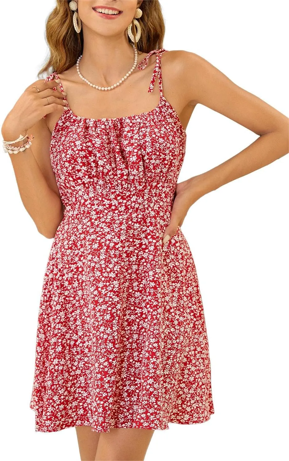 WDIRARA Women's Ditsy Floral Print Tie Shoulder Sleeveless Ruched Bust Drawstring Flared Hem Cami Mini Dress