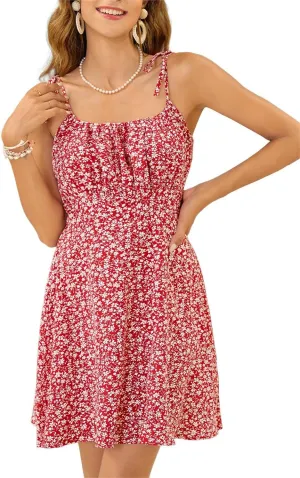 WDIRARA Women's Ditsy Floral Print Tie Shoulder Sleeveless Ruched Bust Drawstring Flared Hem Cami Mini Dress