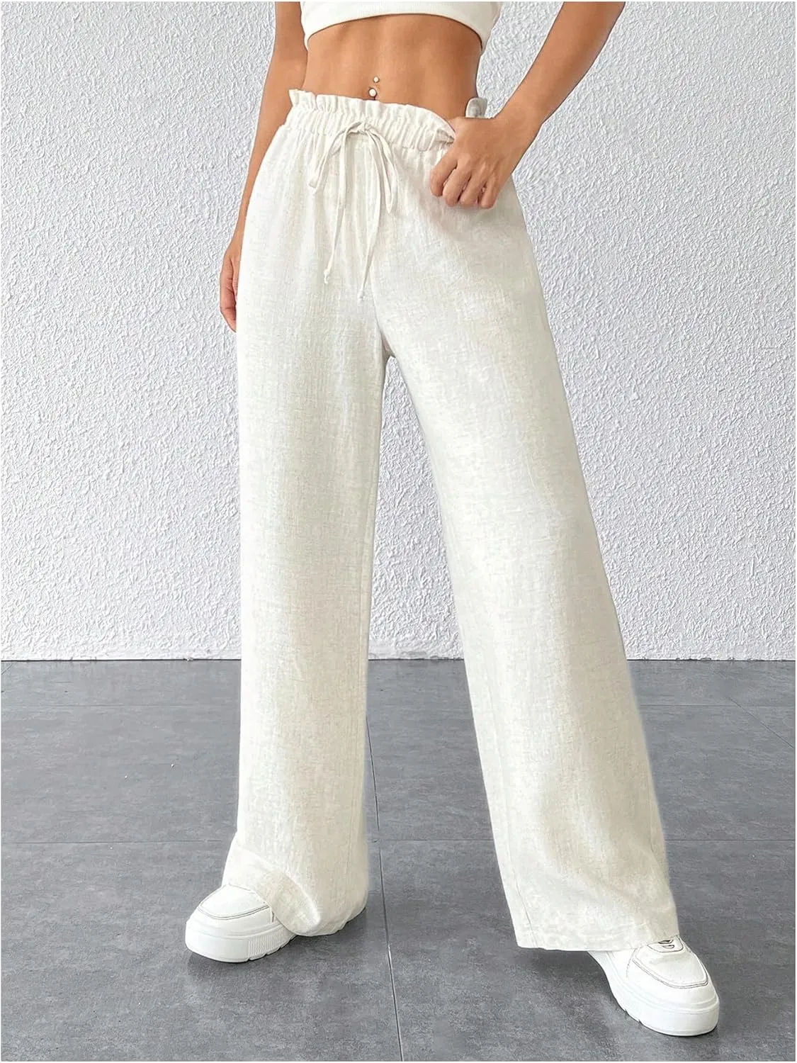 WDIRARA Women's Petite Drawstring Waist Wide Leg Pants Paperbag Waist Palazzo Pants