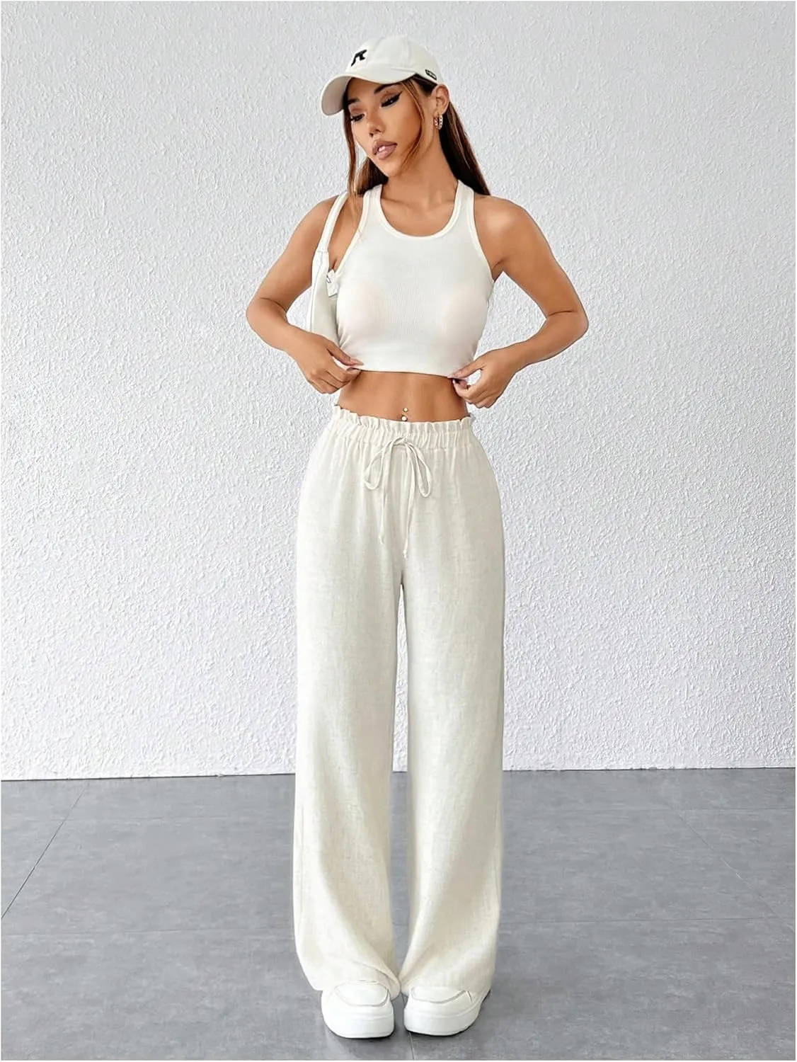 WDIRARA Women's Petite Drawstring Waist Wide Leg Pants Paperbag Waist Palazzo Pants