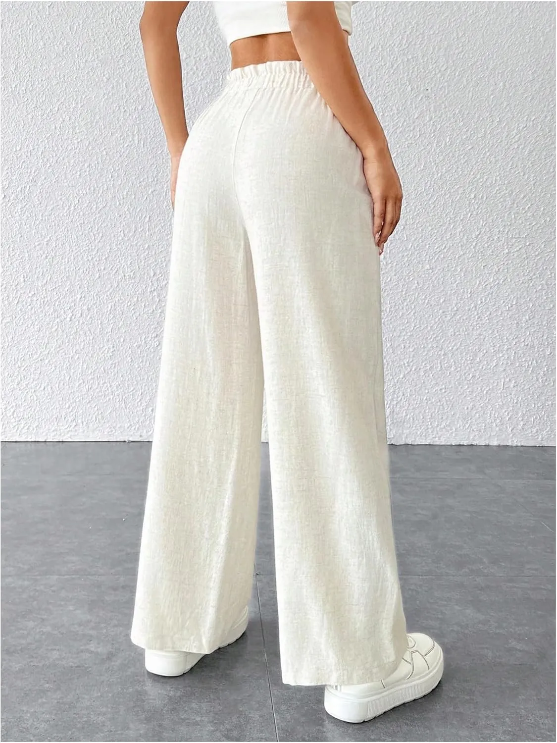 WDIRARA Women's Petite Drawstring Waist Wide Leg Pants Paperbag Waist Palazzo Pants