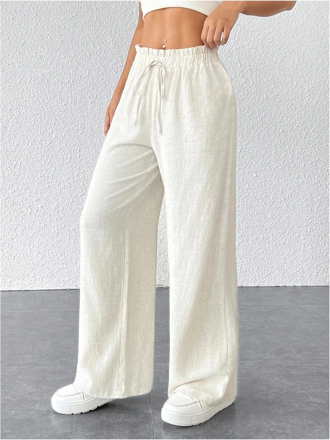 WDIRARA Women's Petite Drawstring Waist Wide Leg Pants Paperbag Waist Palazzo Pants