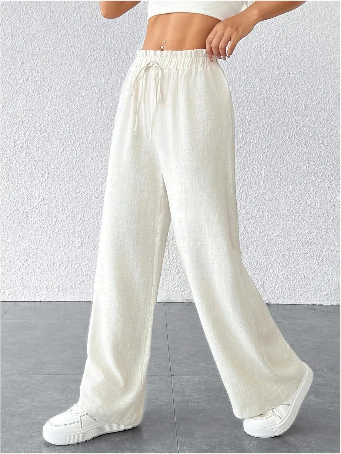 WDIRARA Women's Petite Drawstring Waist Wide Leg Pants Paperbag Waist Palazzo Pants