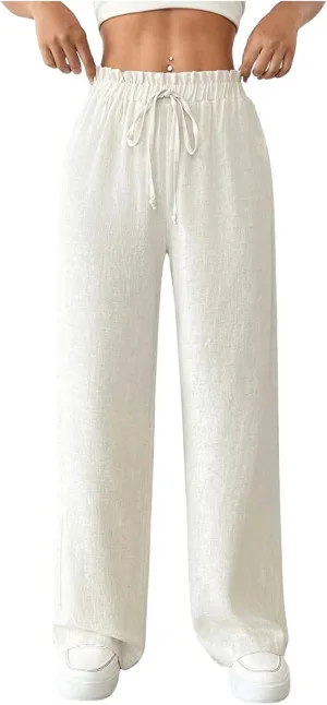WDIRARA Women's Petite Drawstring Waist Wide Leg Pants Paperbag Waist Palazzo Pants