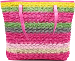 We We Large Canvas Straw Beach Pool Bag Waterproof Beach Tote Bags for Women Travel Shoulder Handbag