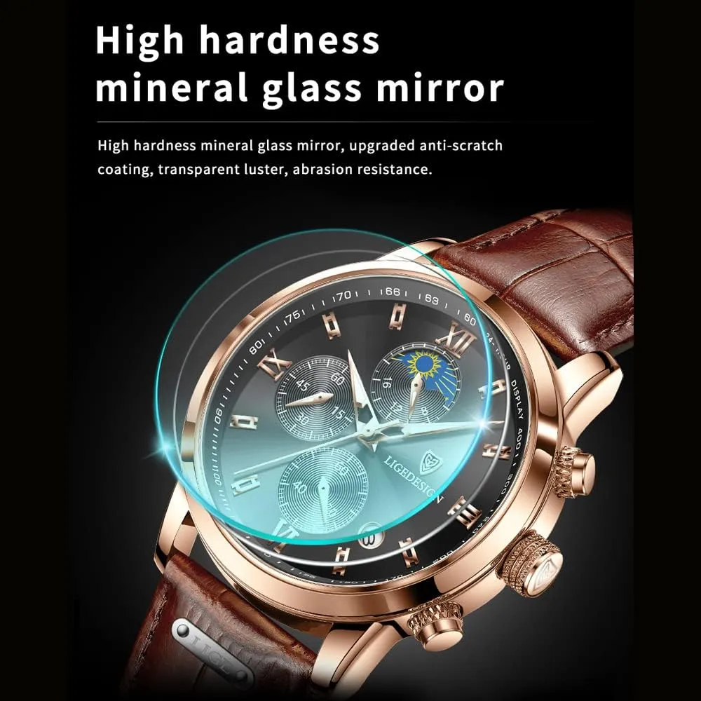 Weicam Men Casual Waterproof Roman Numerals Leather Band Analog Quartz Wristwatches with Chronograph Calender Business Watch