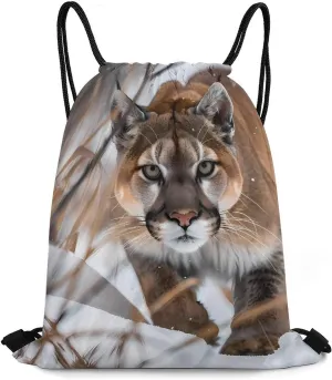 Wildlife Mountains Lion in Snowy Sports Gym Bag Lightweight Drawstring Backpack String Bag for Travel Hiking