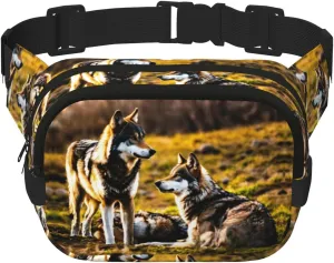 Wolfs Print Square Waist Purse Double Layer Fanny BagTrendy Travel Waist Bag for Men and Women