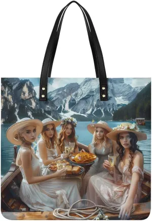Woman Eating Pasta on Lake Leather Tote Bag for Women Men Shoulder Bag Casual Handbag Work Bag 39x39cm