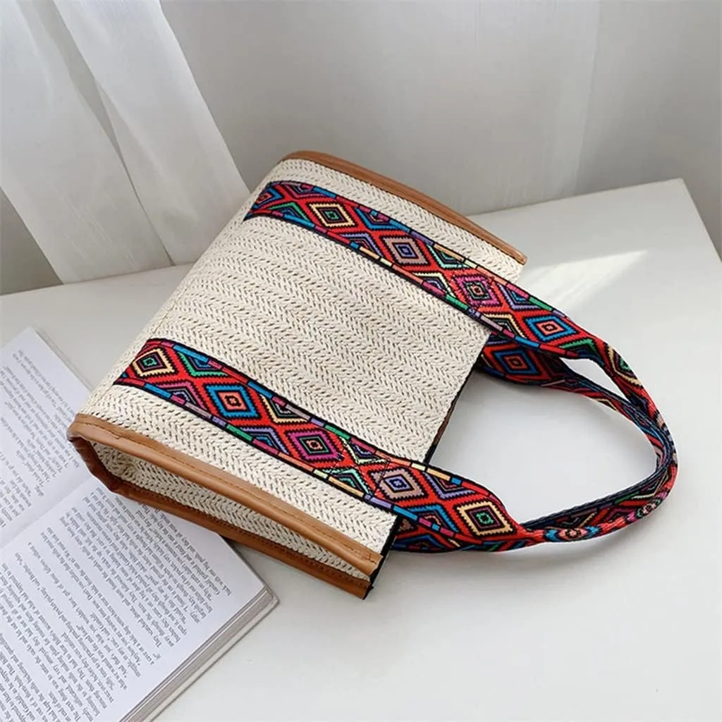 Women Basket Tote Beach Large Purse Ethnic Beach Woven Large Capacity Handbag Shoulder