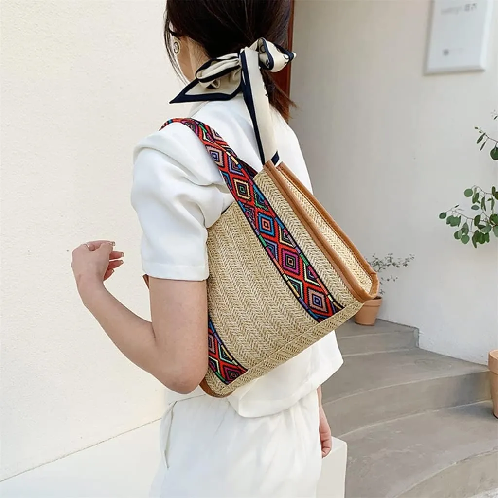 Women Basket Tote Beach Large Purse Ethnic Beach Woven Large Capacity Handbag Shoulder