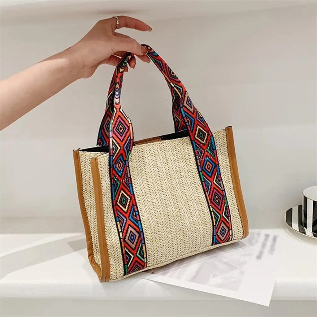 Women Basket Tote Beach Large Purse Ethnic Beach Woven Large Capacity Handbag Shoulder