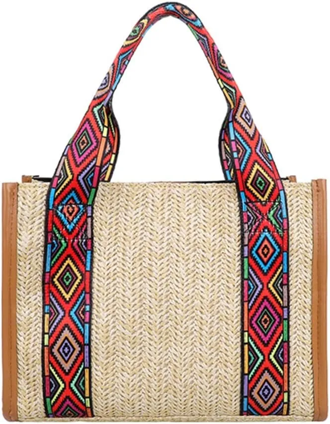 Women Basket Tote Beach Large Purse Ethnic Beach Woven Large Capacity Handbag Shoulder