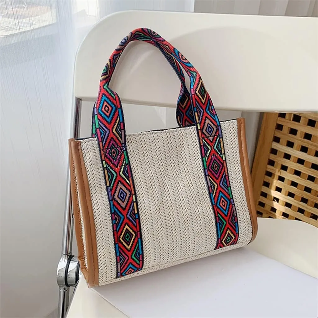 Women Basket Tote Beach Large Purse Ethnic Beach Woven Large Capacity Handbag Shoulder