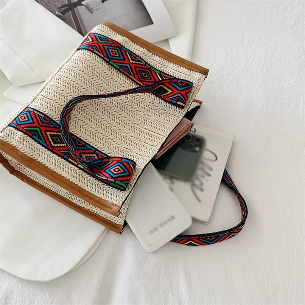 Women Basket Tote Beach Large Purse Ethnic Beach Woven Large Capacity Handbag Shoulder