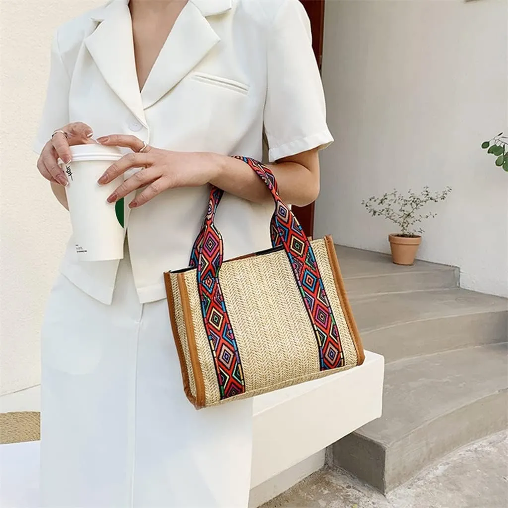 Women Basket Tote Beach Large Purse Ethnic Beach Woven Large Capacity Handbag Shoulder
