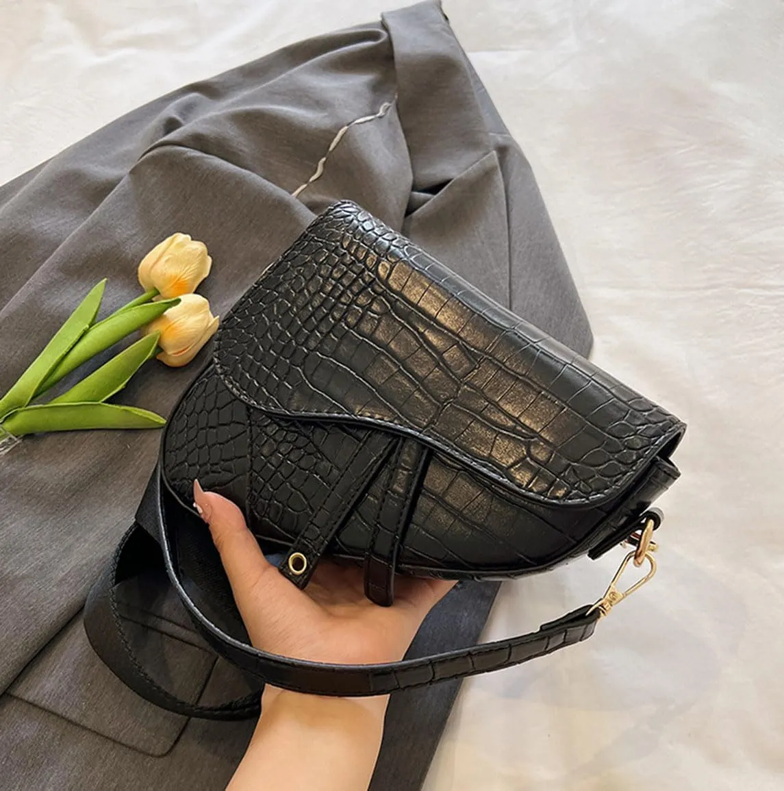 Women Cow Print Saddle Shoulder Bag Clutch Purse Underarm Handbag Satchel Zipper Crossbody Bag