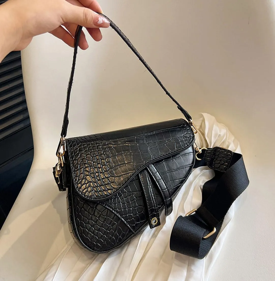 Women Cow Print Saddle Shoulder Bag Clutch Purse Underarm Handbag Satchel Zipper Crossbody Bag