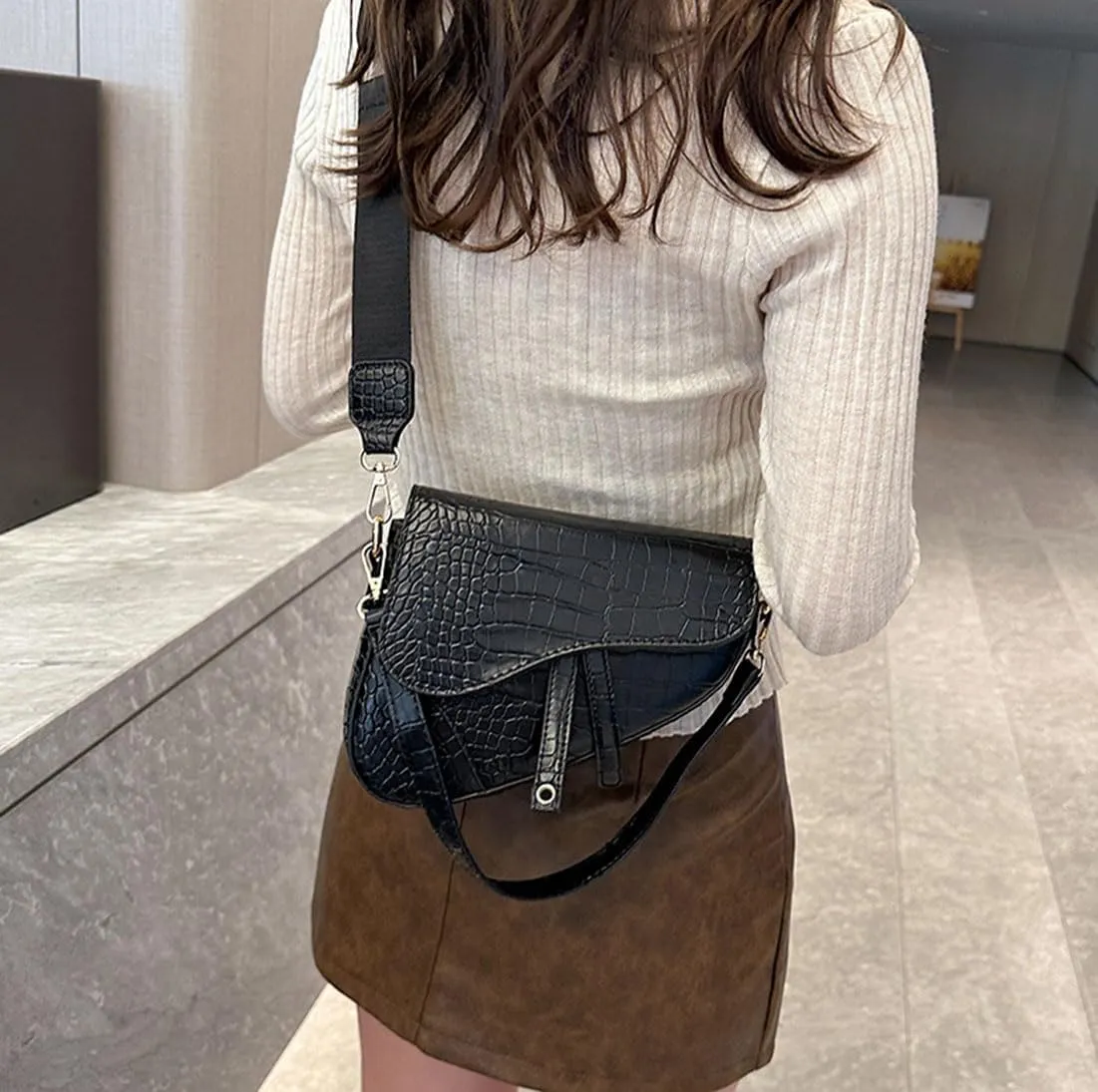 Women Cow Print Saddle Shoulder Bag Clutch Purse Underarm Handbag Satchel Zipper Crossbody Bag