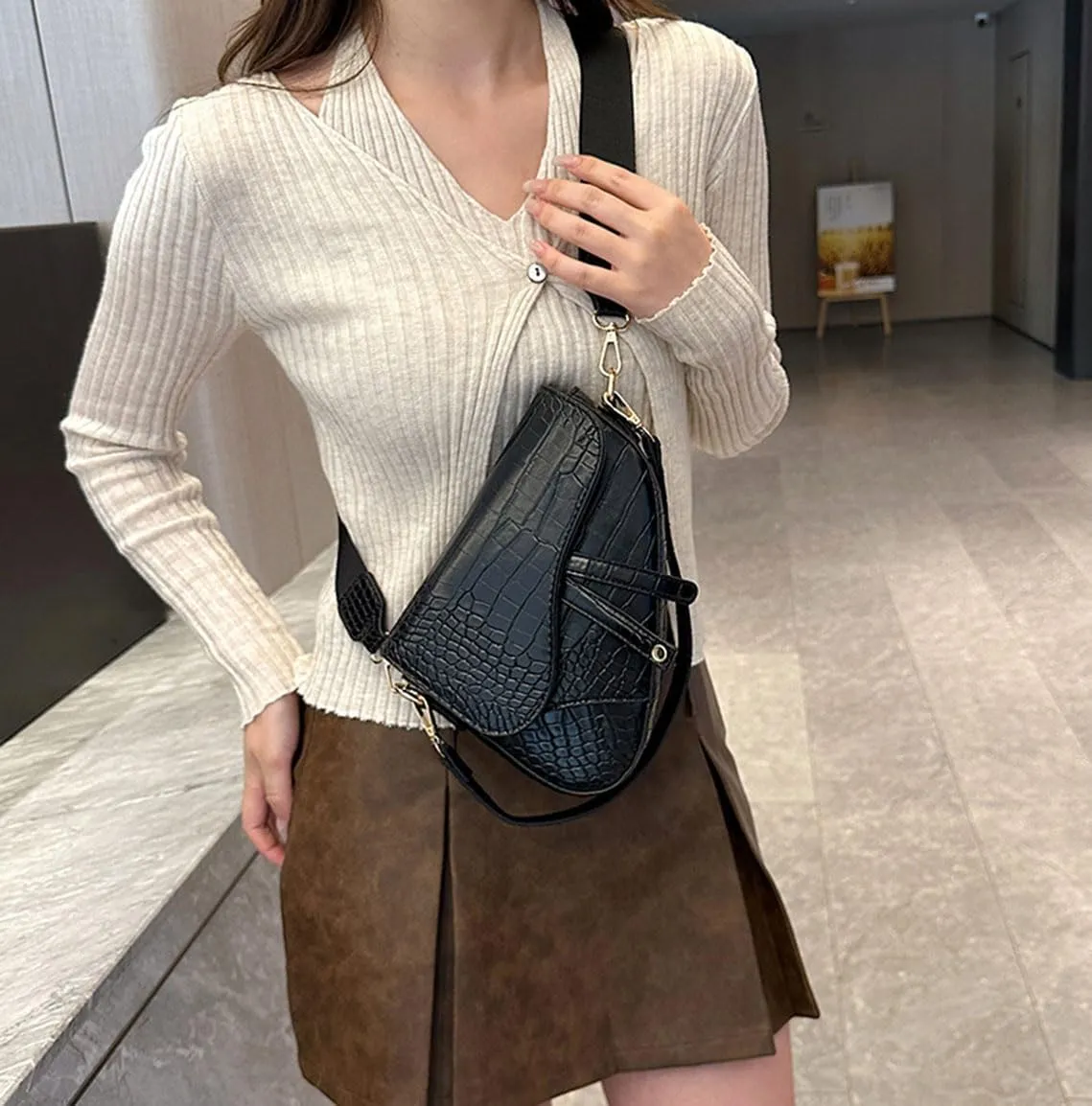 Women Cow Print Saddle Shoulder Bag Clutch Purse Underarm Handbag Satchel Zipper Crossbody Bag