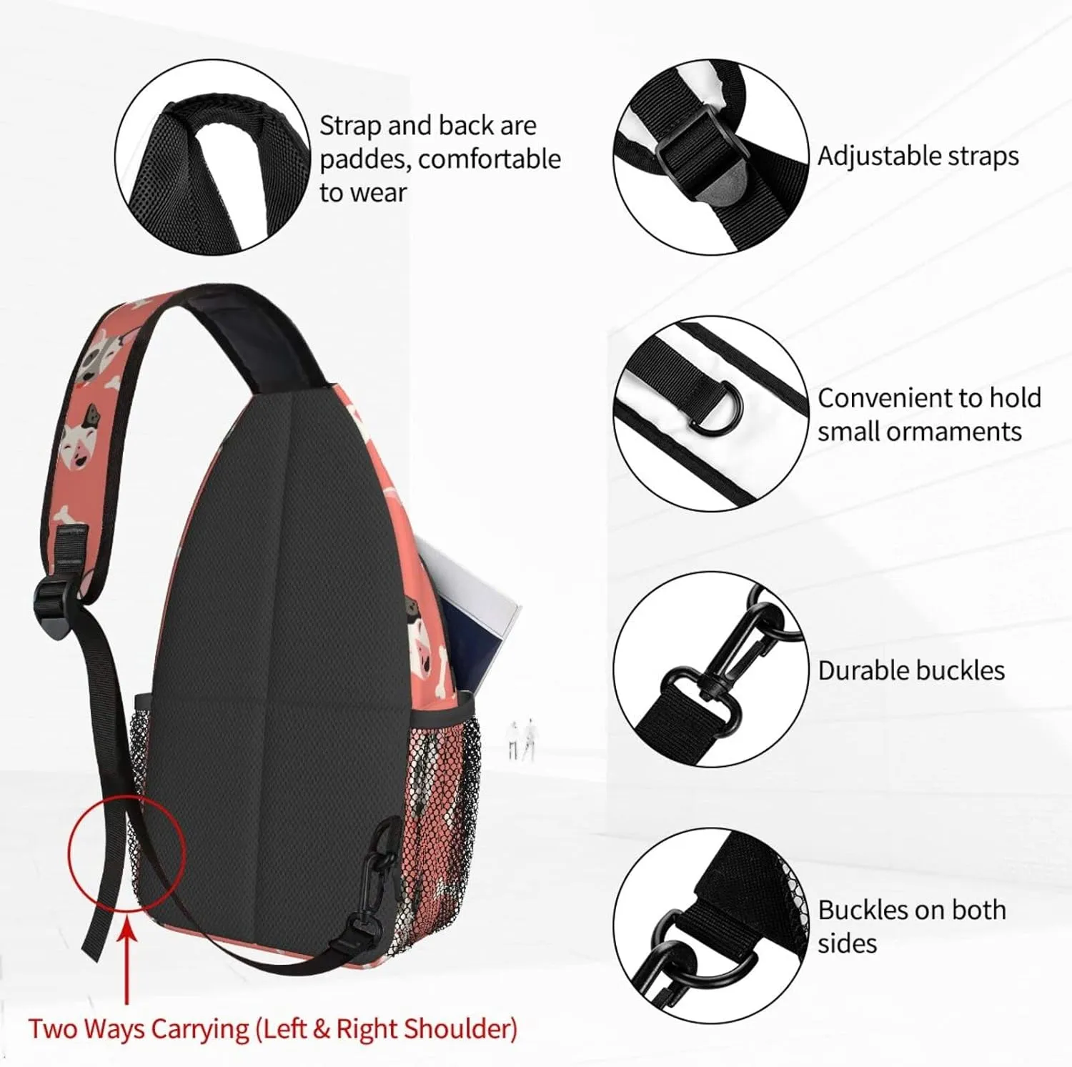Women Cute Dogs with Bones Crossbody Sling Backpack for Men Chest Bag Shoulder Bag Lightweight One Strap Backpack Travel Outdoor Daypack