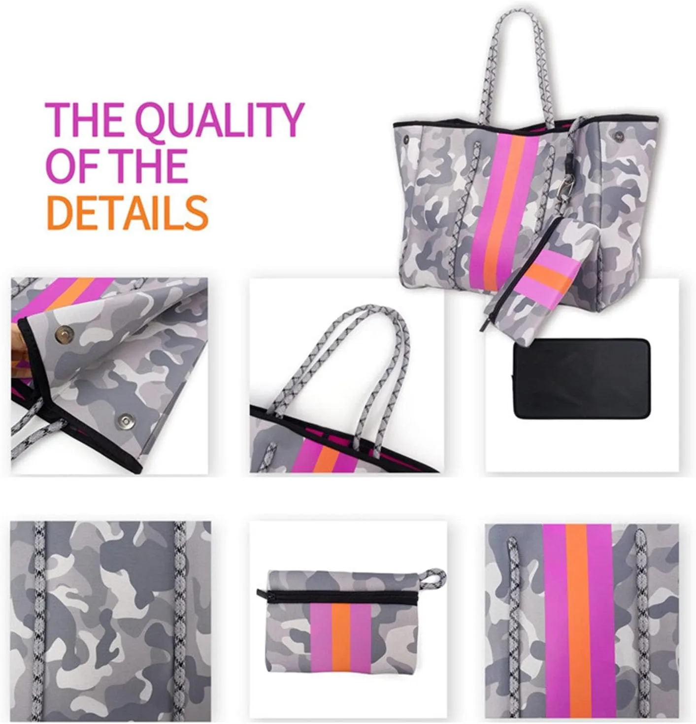 Women Neoprene Tote Bag - Large Beach Bag, Gym Bag, Pool Bag, Shoulder Bag with Small Purse