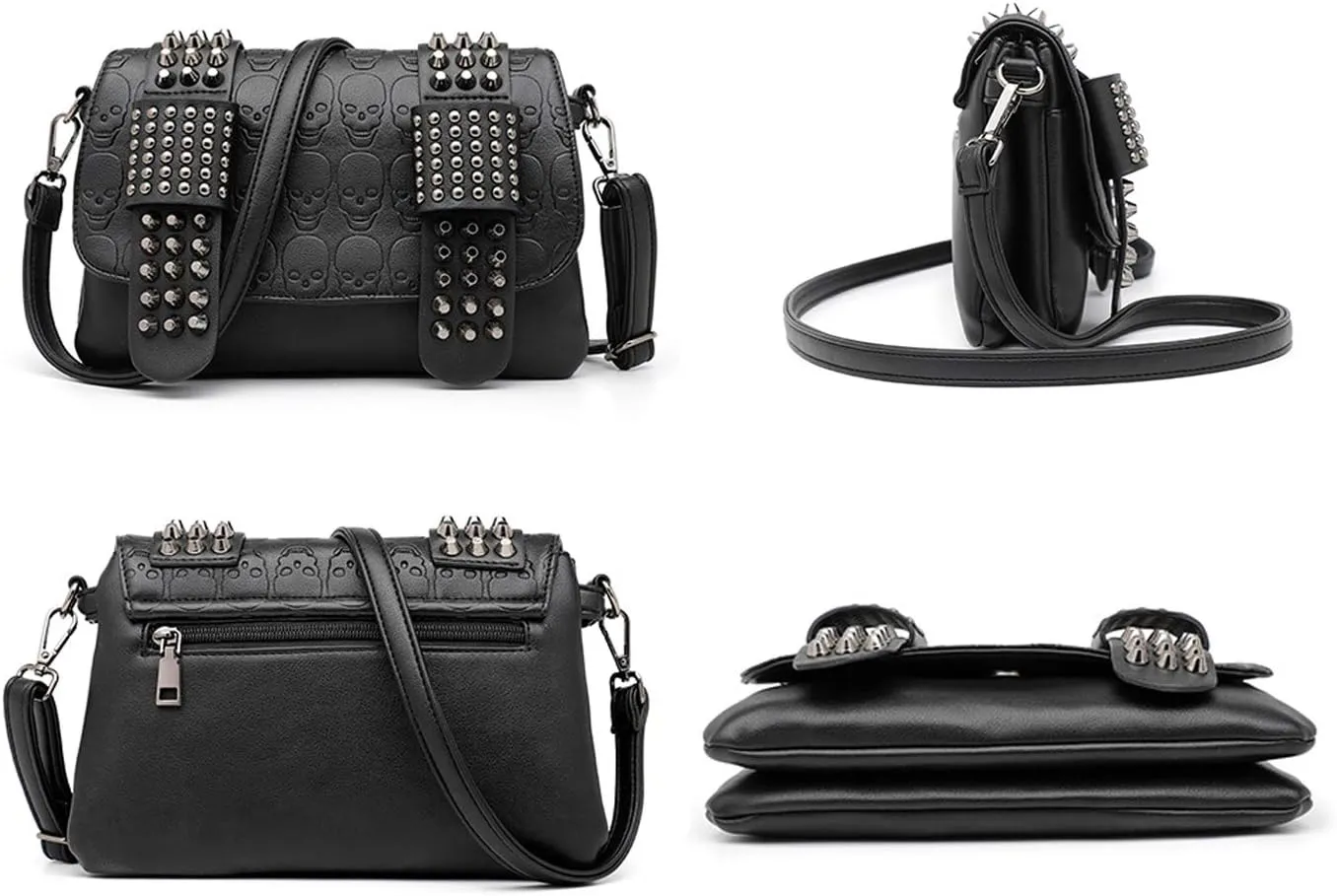 Women Punk Skull Shoulder Top-Handle Bag Rivet Purse Handbag Chain Satchel Tote