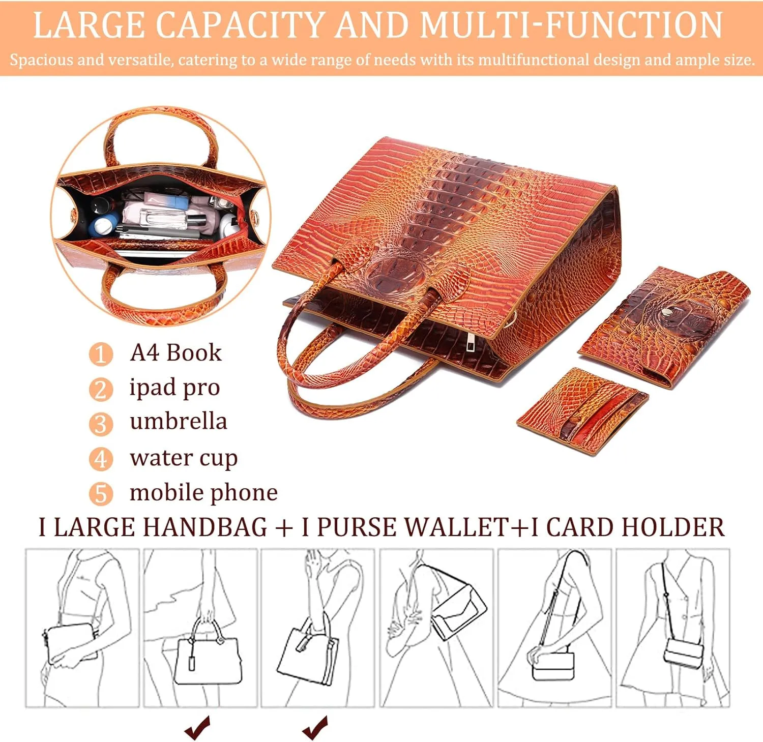 Women Top Handle Crossbody Bag Fashion Crocodile Print Handbag Shoulder Satchel