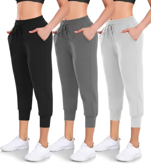 Women's 3 Pack Capri Sweatpants with Pockets - High-Waist Yoga Joggers Athletic Running Leggings for Workout, Gym, Lounge