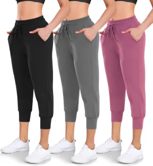 Women's 3 Pack Capri Sweatpants with Pockets - High-Waist Yoga Joggers Athletic Running Leggings for Workout, Gym, Lounge