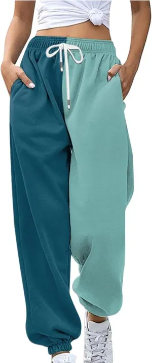Womens Casual Joggers with Pockets Loose Fit Drawstring Waist Active Gym Sweatpants Teen Girls Fashion Two Tone Lounge Slacks