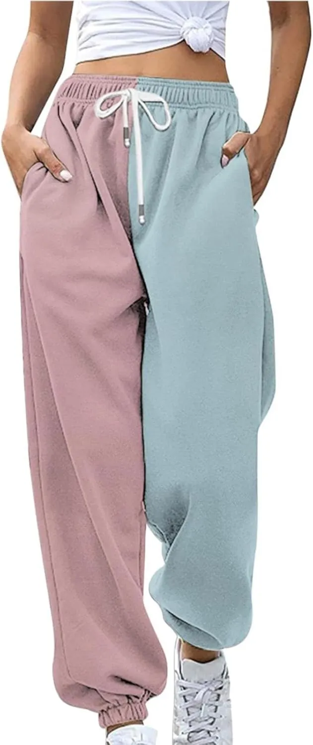 Womens Casual Joggers with Pockets Loose Fit Drawstring Waist Active Gym Sweatpants Teen Girls Fashion Two Tone Lounge Slacks