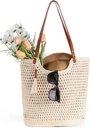 Women's Crochet Beach Tote Bag - Summer Boho Knit Woven Hollow Mesh Tote Bag with Zipper Pocket for Travel Vacation Beach Essentials 2025