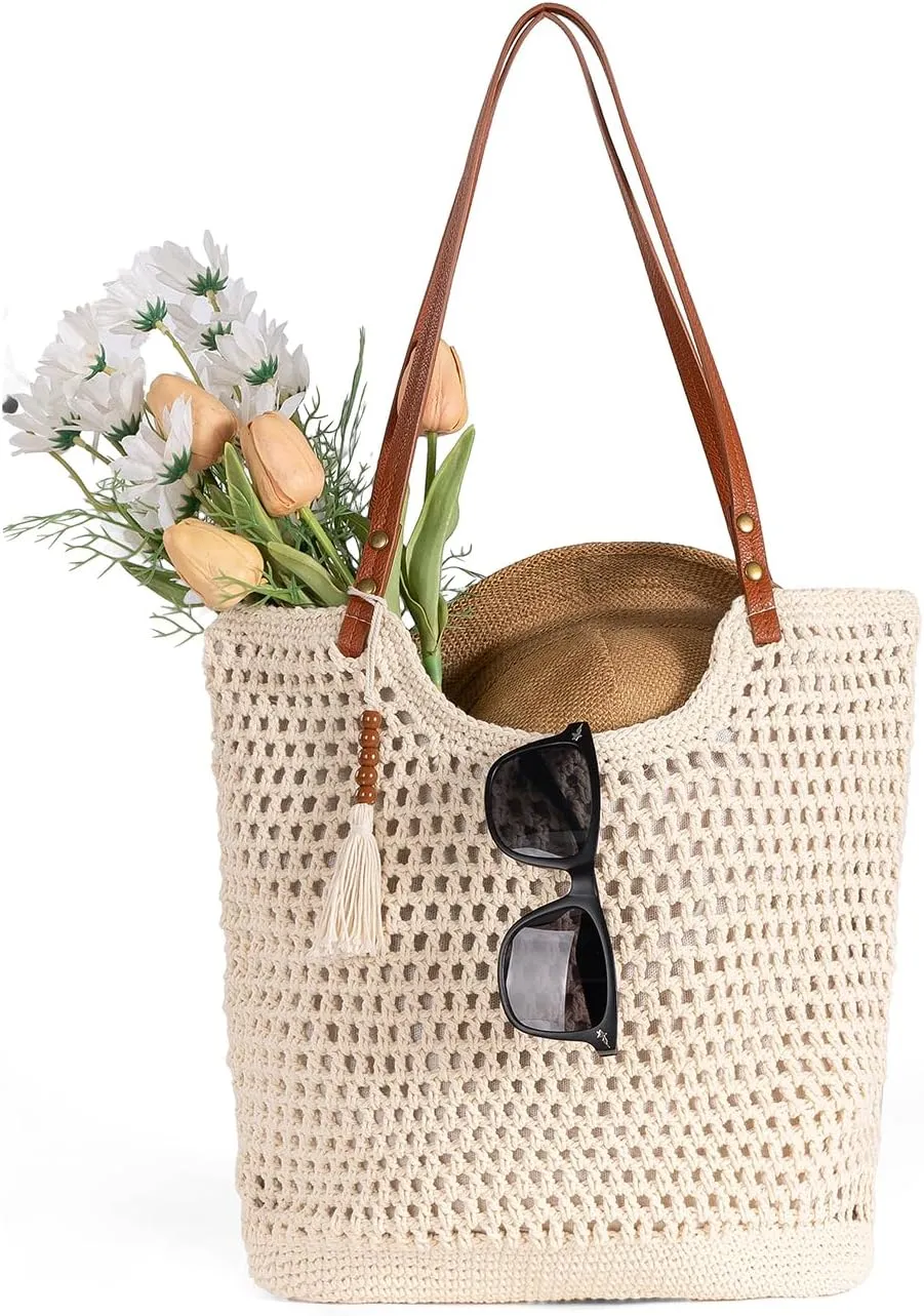 Women's Crochet Beach Tote Bag - Summer Boho Knit Woven Hollow Mesh Tote Bag with Zipper Pocket for Travel Vacation Beach Essentials 2025