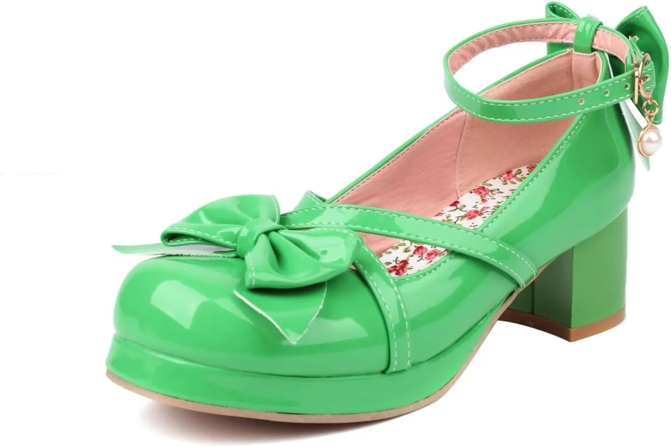 Womens Cute Lolita Platform Cross Strappy Mary Janes Mid Chunky Heel Sweet Bow Ankle Strap Pumps Ladies Wedding Party Cosplay Uniform Dress Shoes