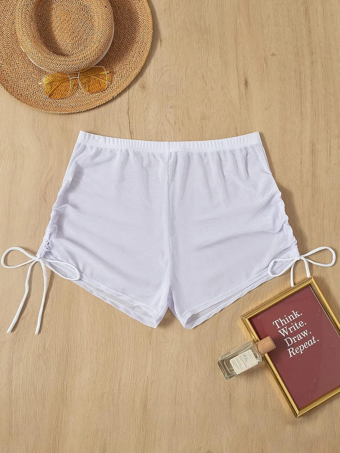 Women's Drawstring Side Mesh Sheer Beach Summer Cover Up Shorts Bikini Bottoms