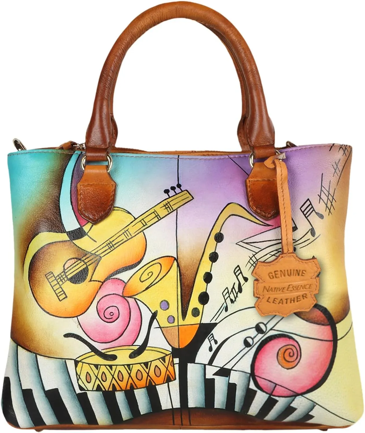Women’s Hand Painted Genuine Leather Soft Handbag Golden Brown Musical Purse Satchel Bag for Women, Premium Double Compartment Tote Bag, Gift Packed