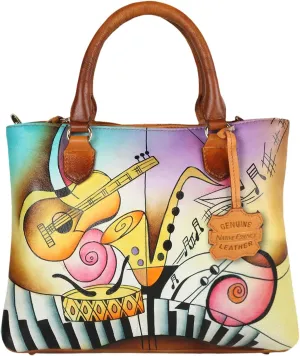 Women’s Hand Painted Genuine Leather Soft Handbag Golden Brown Musical Purse Satchel Bag for Women, Premium Double Compartment Tote Bag, Gift Packed