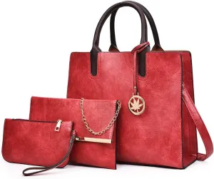 Women’s Large Leather Satchel Handbag Set - Stylish Crossbody Tote & Clutch Purse (Pink)