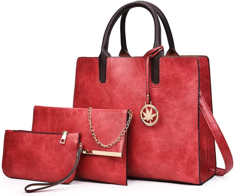 Women’s Large Leather Satchel Handbag Set - Stylish Crossbody Tote & Clutch Purse (Pink)