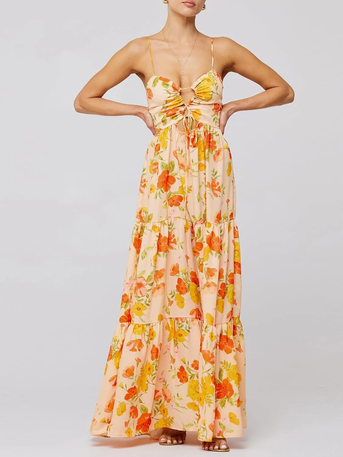Women's Long Beach Dress Sleeveless Spaghetti Strap Cross Tie-up Front Floral Print Dress Midi Slip Dress