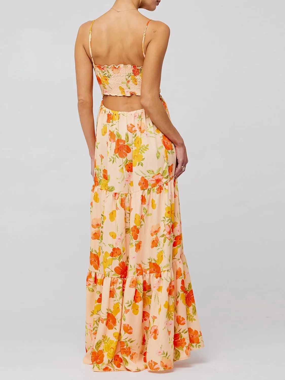 Women's Long Beach Dress Sleeveless Spaghetti Strap Cross Tie-up Front Floral Print Dress Midi Slip Dress