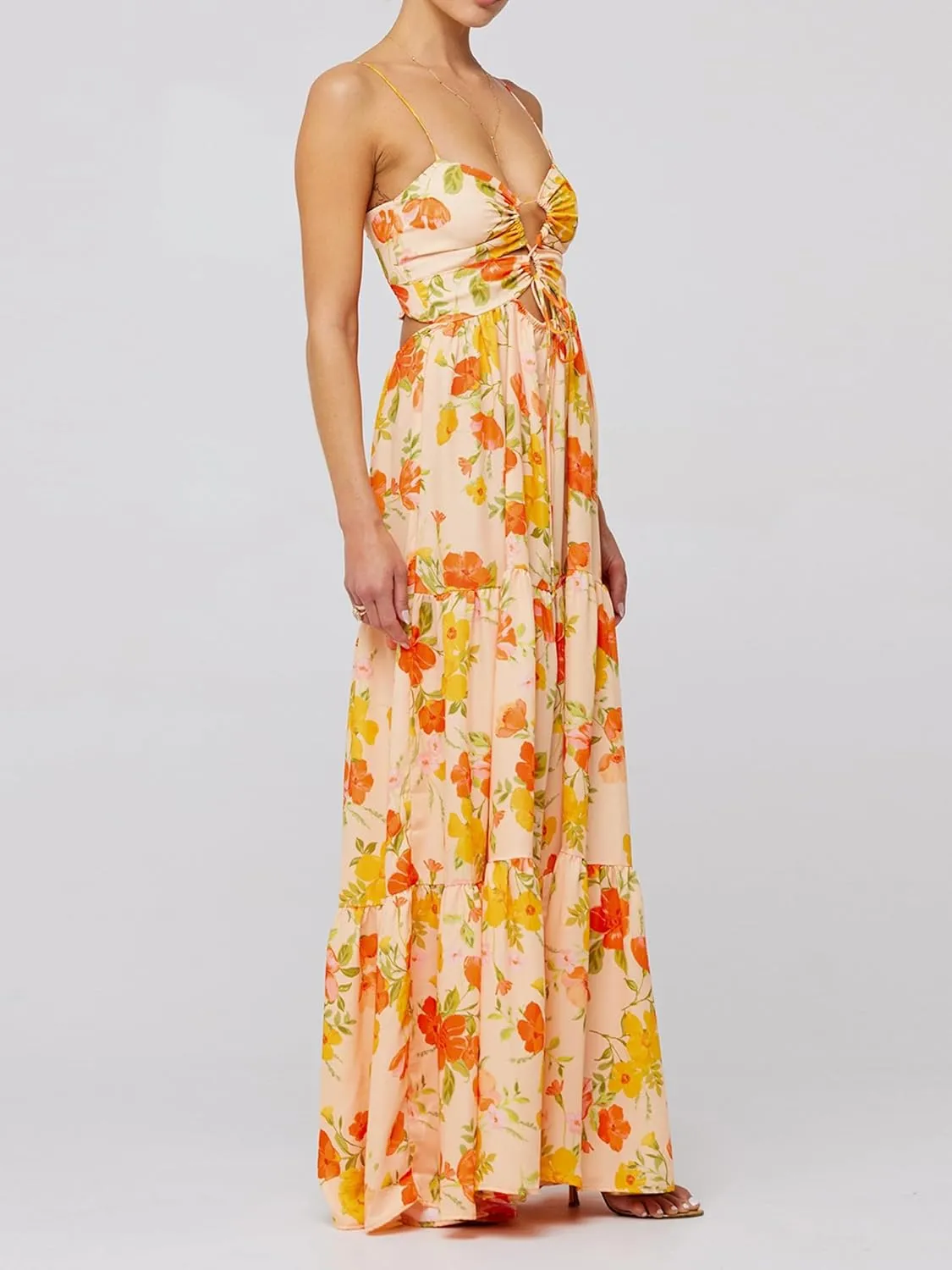 Women's Long Beach Dress Sleeveless Spaghetti Strap Cross Tie-up Front Floral Print Dress Midi Slip Dress